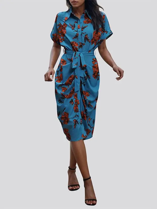 Blue Zone Planet | elegant commuting lace-up printed shirt dress BLUE ZONE PLANET