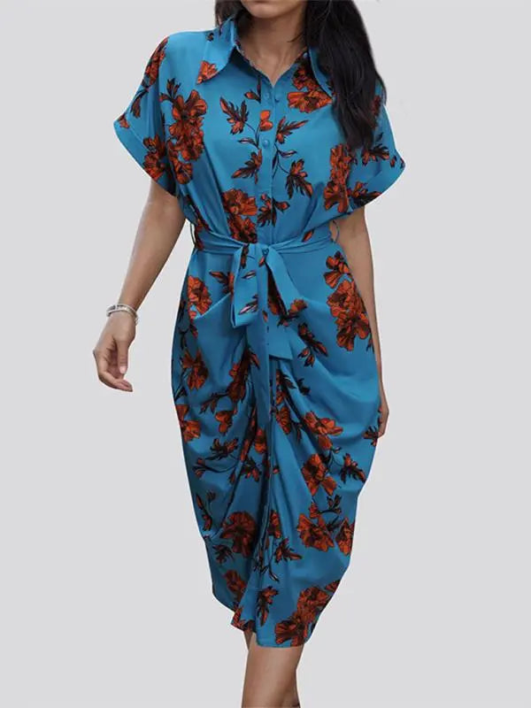 Blue Zone Planet | elegant commuting lace-up printed shirt dress BLUE ZONE PLANET
