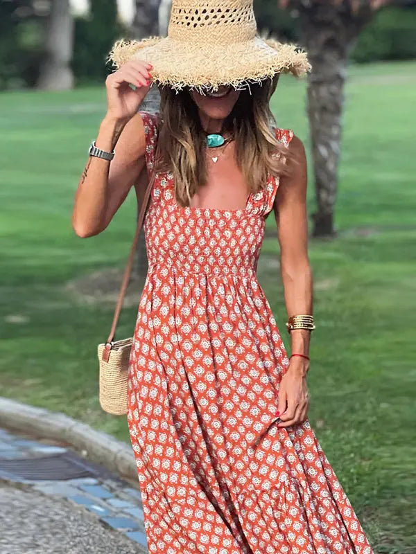 Blue Zone Planet | elegant printed elastic spaghetti strap skirt holiday style French floral spaghetti strap long dress BLUE ZONE PLANET