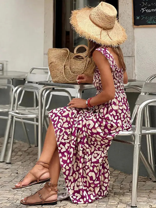 Blue Zone Planet | elegant printed elastic spaghetti strap skirt holiday style French floral spaghetti strap long dress BLUE ZONE PLANET