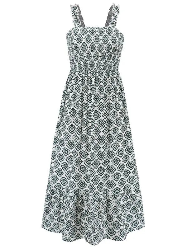 Blue Zone Planet | elegant printed elastic spaghetti strap skirt holiday style French floral spaghetti strap long dress BLUE ZONE PLANET
