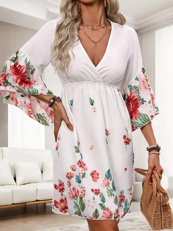 Blue Zone Planet | ethnic style three-quarter sleeve printed dress BLUE ZONE PLANET