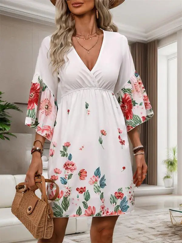 Blue Zone Planet | ethnic style three-quarter sleeve printed dress BLUE ZONE PLANET