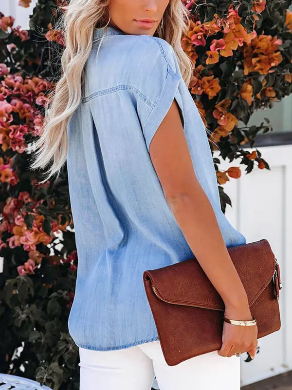 Blue Zone Planet | lapel denim short sleeve shirt BLUE ZONE PLANET