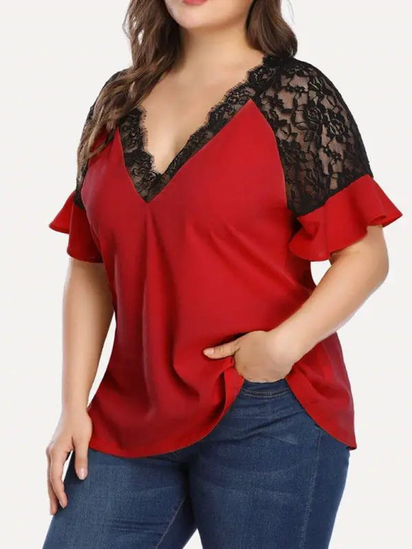 Blue Zone Planet | large size V-neck short-sleeved stitching lace solid color top BLUE ZONE PLANET