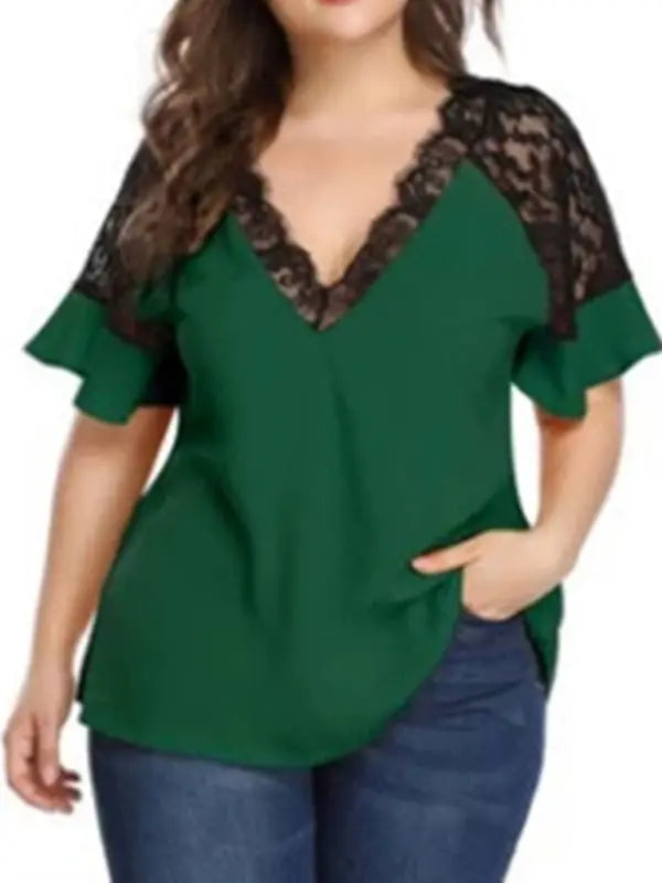 Blue Zone Planet | large size V-neck short-sleeved stitching lace solid color top BLUE ZONE PLANET