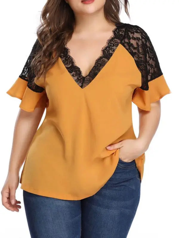 Blue Zone Planet | large size V-neck short-sleeved stitching lace solid color top BLUE ZONE PLANET