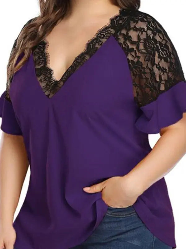 Blue Zone Planet | large size V-neck short-sleeved stitching lace solid color top BLUE ZONE PLANET
