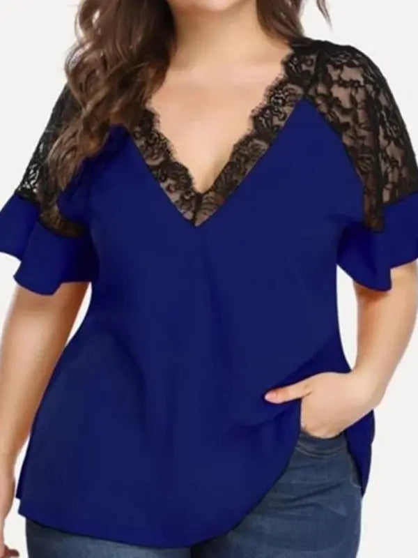 Blue Zone Planet | large size V-neck short-sleeved stitching lace solid color top BLUE ZONE PLANET