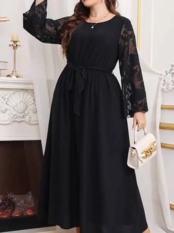 Blue Zone Planet | large size high waist black polka dot patchwork dress BLUE ZONE PLANET