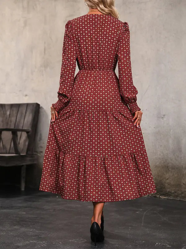 Blue Zone Planet | long sleeve printed V-neck waist dress BLUE ZONE PLANET