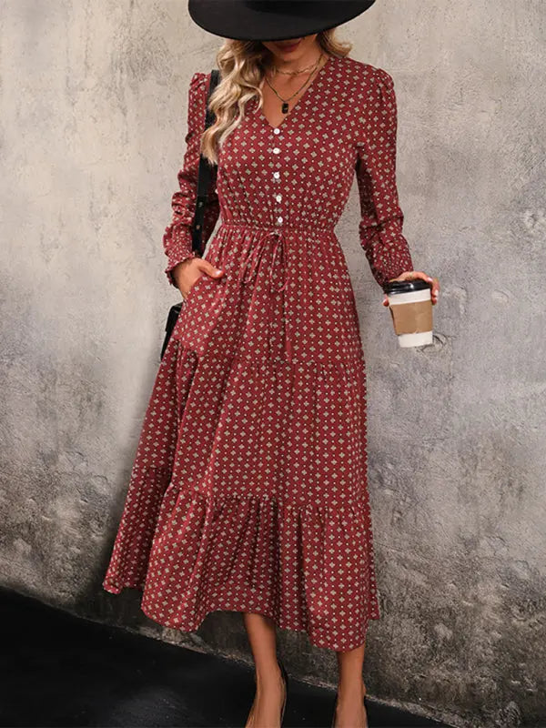 Blue Zone Planet | long sleeve printed V-neck waist dress BLUE ZONE PLANET