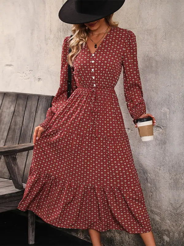 Blue Zone Planet | long sleeve printed V-neck waist dress BLUE ZONE PLANET
