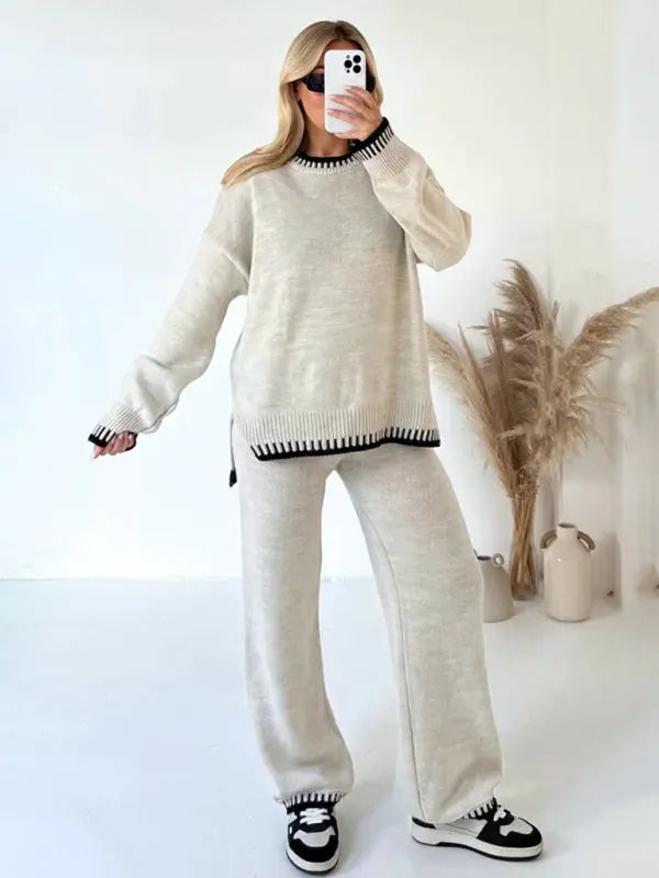 Blue Zone Planet | loose crew neck sweater two piece set BLUE ZONE PLANET