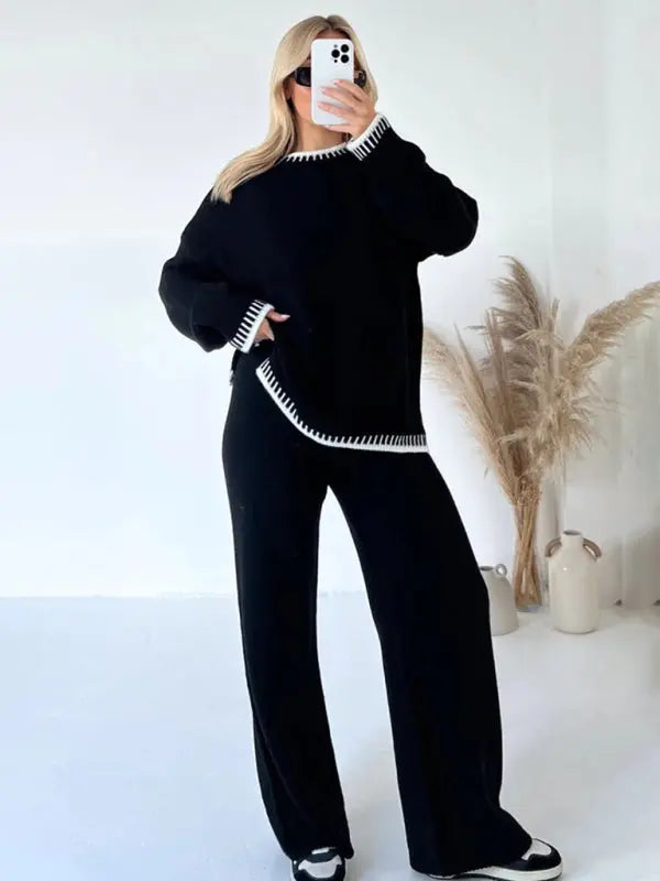 Blue Zone Planet | loose crew neck sweater two piece set BLUE ZONE PLANET
