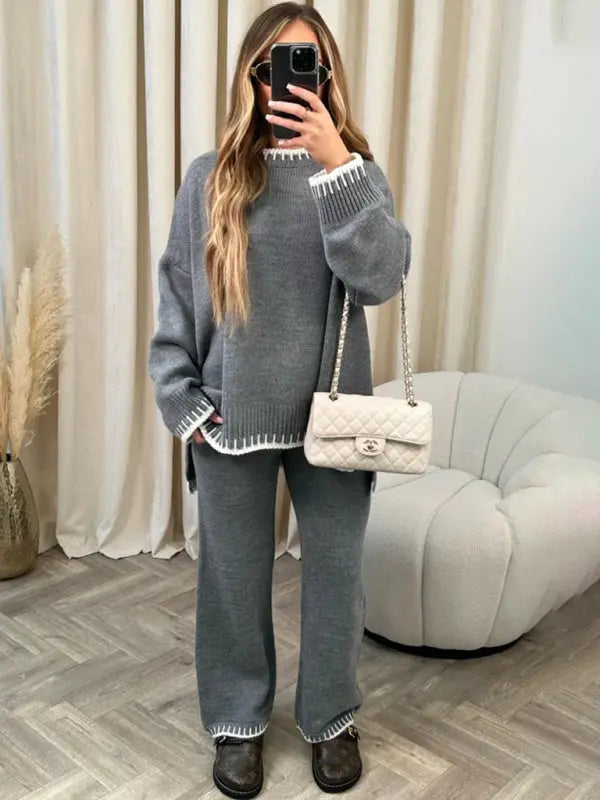 Blue Zone Planet | loose crew neck sweater two piece set BLUE ZONE PLANET