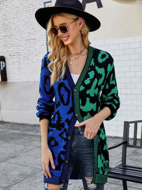 Blue Zone Planet | mid-length leopard print stitching sweater knitted cardigan coat BLUE ZONE PLANET