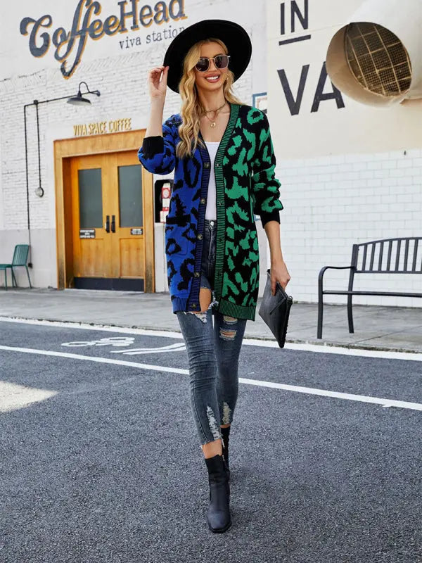 Blue Zone Planet | mid-length leopard print stitching sweater knitted cardigan coat BLUE ZONE PLANET