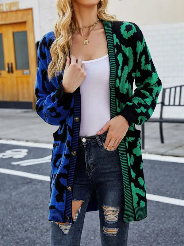 Blue Zone Planet | mid-length leopard print stitching sweater knitted cardigan coat BLUE ZONE PLANET