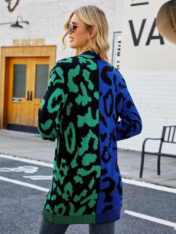 Blue Zone Planet | mid-length leopard print stitching sweater knitted cardigan coat BLUE ZONE PLANET