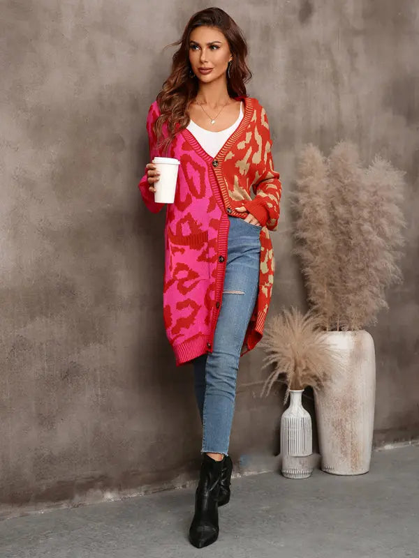 Blue Zone Planet | mid-length leopard print stitching sweater knitted cardigan coat BLUE ZONE PLANET