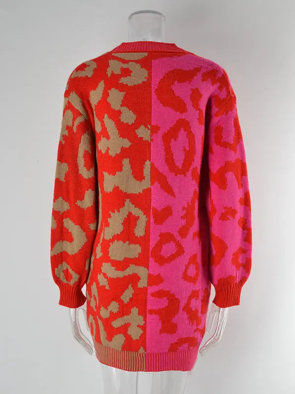Blue Zone Planet | mid-length leopard print stitching sweater knitted cardigan coat BLUE ZONE PLANET