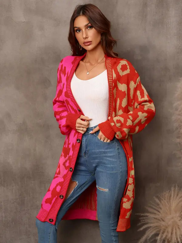 Blue Zone Planet | mid-length leopard print stitching sweater knitted cardigan coat BLUE ZONE PLANET