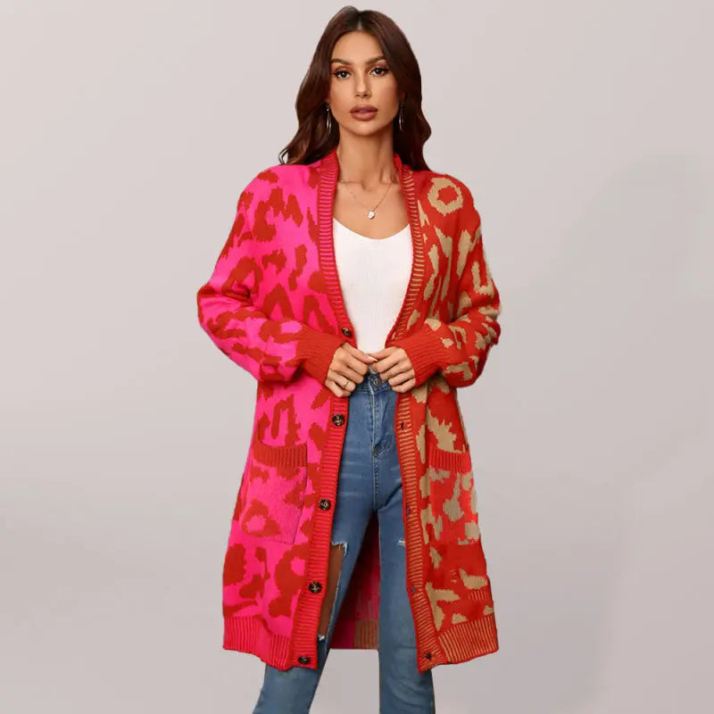 Blue Zone Planet | mid-length leopard print stitching sweater knitted cardigan coat BLUE ZONE PLANET