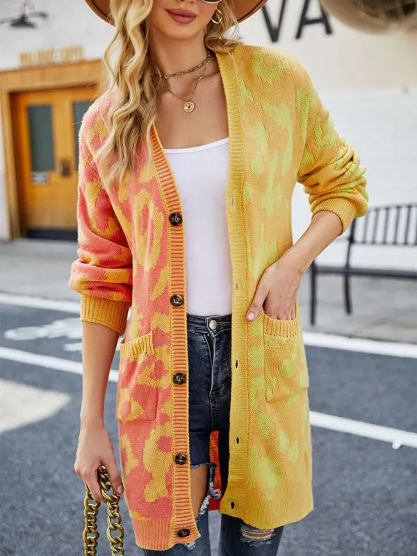 Blue Zone Planet | mid-length leopard print stitching sweater knitted cardigan coat BLUE ZONE PLANET