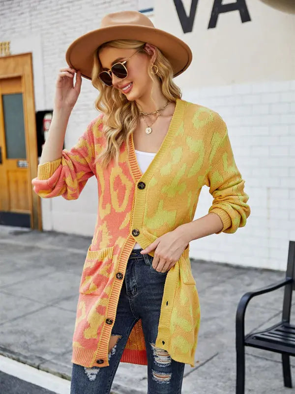 Blue Zone Planet | mid-length leopard print stitching sweater knitted cardigan coat BLUE ZONE PLANET