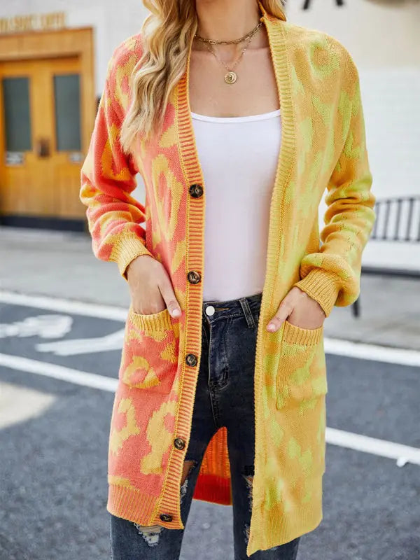Blue Zone Planet | mid-length leopard print stitching sweater knitted cardigan coat BLUE ZONE PLANET