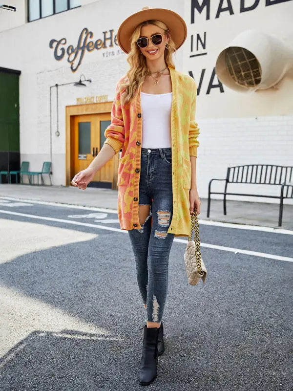 Blue Zone Planet | mid-length leopard print stitching sweater knitted cardigan coat BLUE ZONE PLANET