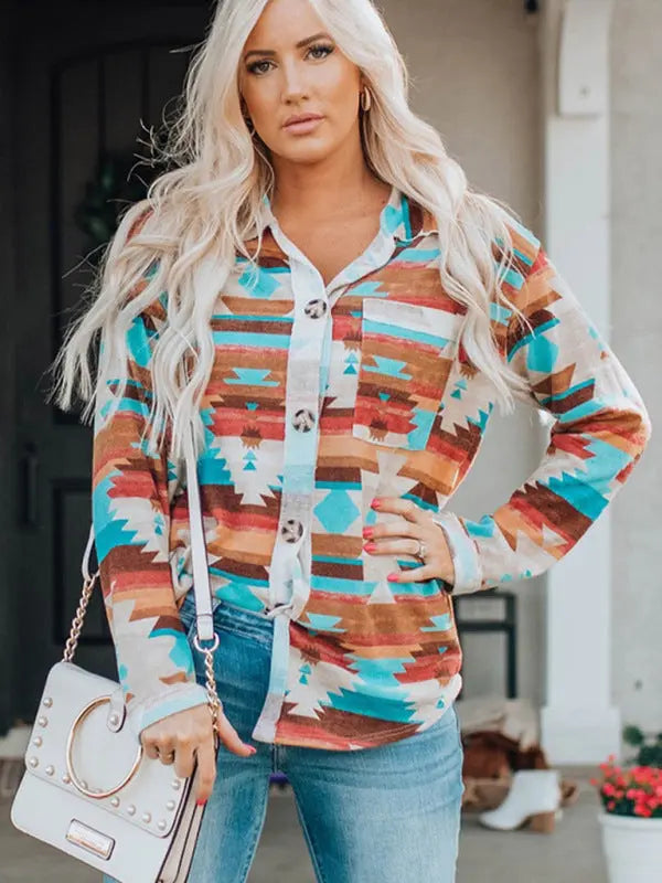Blue Zone Planet | multi-coloured printed buttoned pocket chest long sleeve shirt BLUE ZONE PLANET