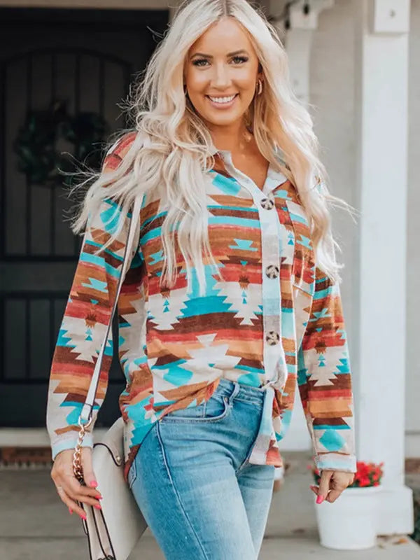 Blue Zone Planet | multi-coloured printed buttoned pocket chest long sleeve shirt BLUE ZONE PLANET