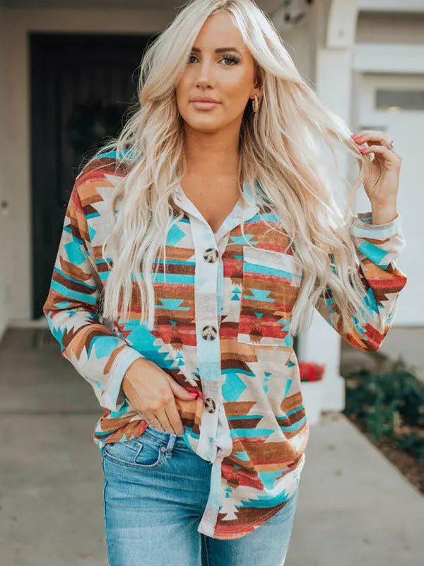 Blue Zone Planet | multi-coloured printed buttoned pocket chest long sleeve shirt BLUE ZONE PLANET