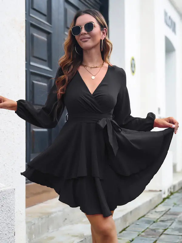 Blue Zone Planet | multilayer hem V-neck lace up long sleeved dress BLUE ZONE PLANET