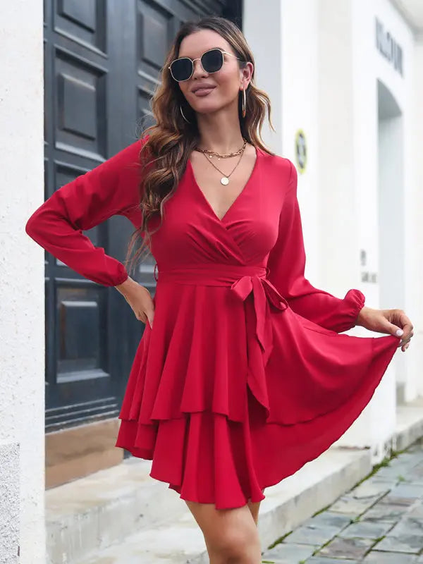 Blue Zone Planet | multilayer hem V-neck lace up long sleeved dress BLUE ZONE PLANET