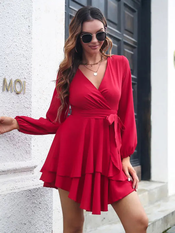 Blue Zone Planet | multilayer hem V-neck lace up long sleeved dress BLUE ZONE PLANET