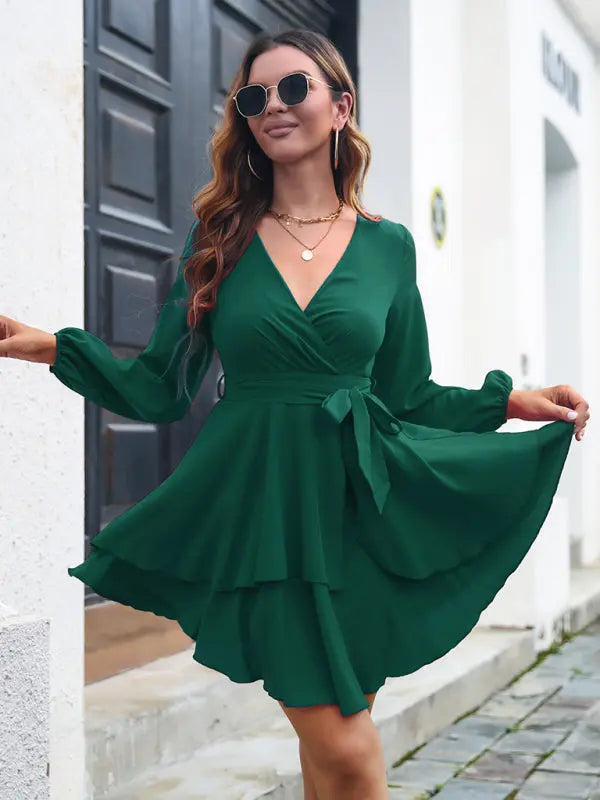 Blue Zone Planet | multilayer hem V-neck lace up long sleeved dress BLUE ZONE PLANET