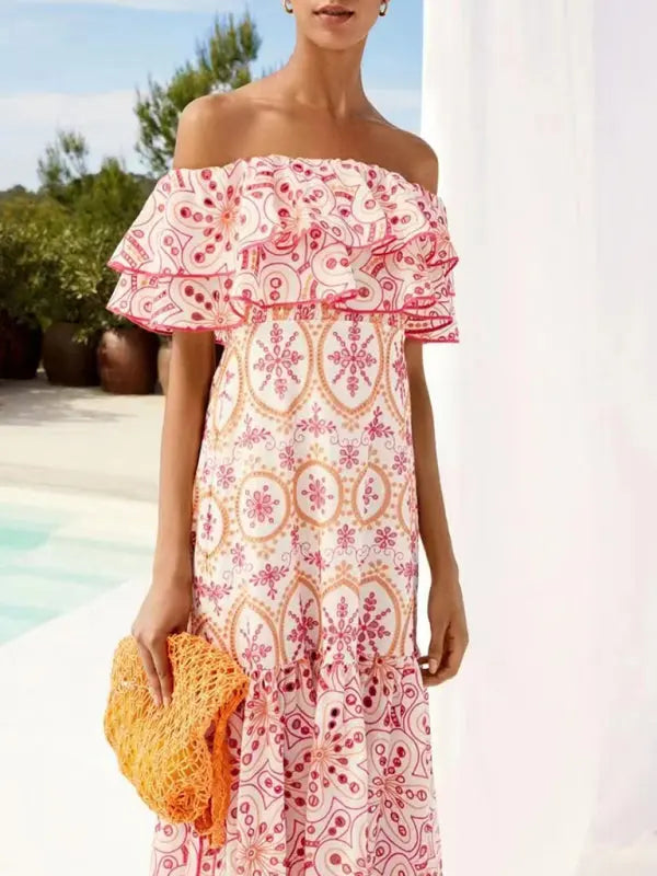 Blue Zone Planet | one-shoulder ruffles hollow embroidery printed front slit dress BLUE ZONE PLANET