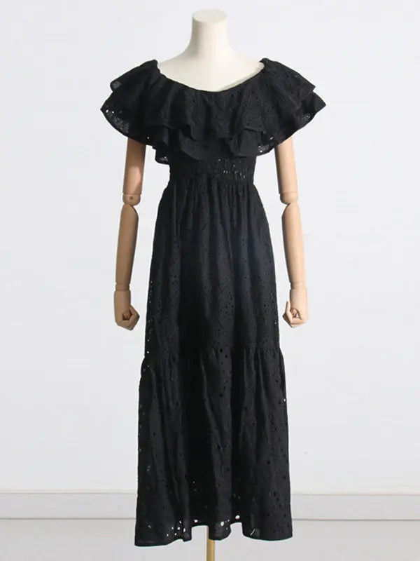Blue Zone Planet | one-shoulder ruffles hollow embroidery printed front slit dress BLUE ZONE PLANET