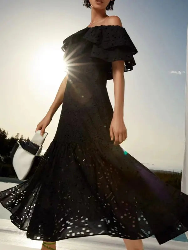 Blue Zone Planet | one-shoulder ruffles hollow embroidery printed front slit dress BLUE ZONE PLANET