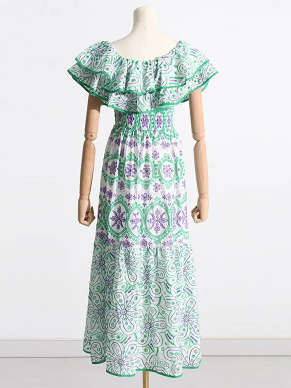 Blue Zone Planet | one-shoulder ruffles hollow embroidery printed front slit dress BLUE ZONE PLANET