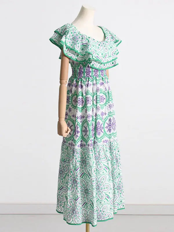 Blue Zone Planet | one-shoulder ruffles hollow embroidery printed front slit dress BLUE ZONE PLANET