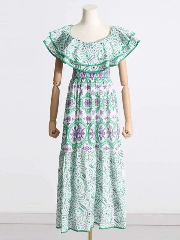 Blue Zone Planet | one-shoulder ruffles hollow embroidery printed front slit dress BLUE ZONE PLANET