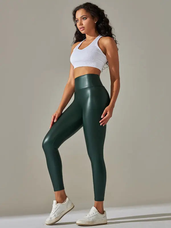 Blue Zone Planet | plus size leggings high waist tight PU leather pants colorful yoga pants BLUE ZONE PLANET
