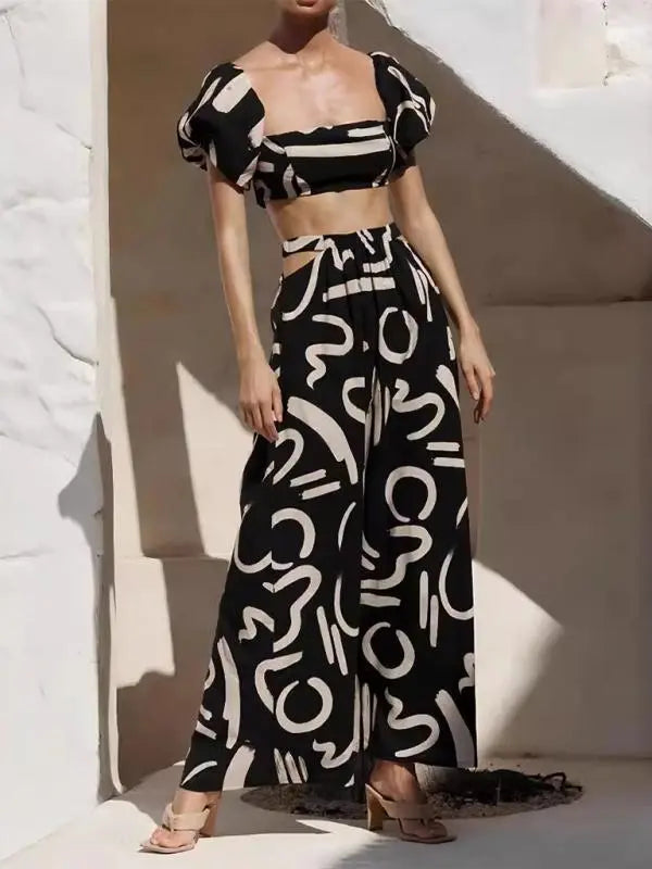 Blue Zone Planet | puff sleeve top, hollow long skirt, split skirt suit BLUE ZONE PLANET