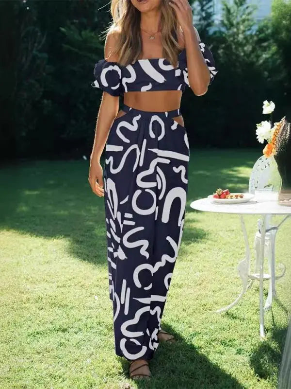 Blue Zone Planet | puff sleeve top, hollow long skirt, split skirt suit BLUE ZONE PLANET