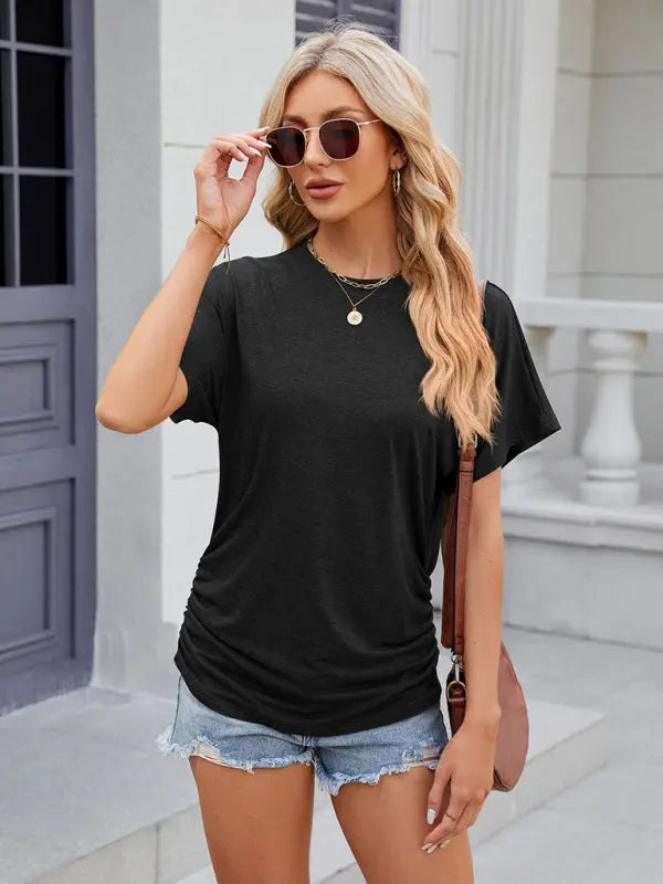 Blue Zone Planet | round neck pleated solid color short-sleeved loose T-shirt top BLUE ZONE PLANET