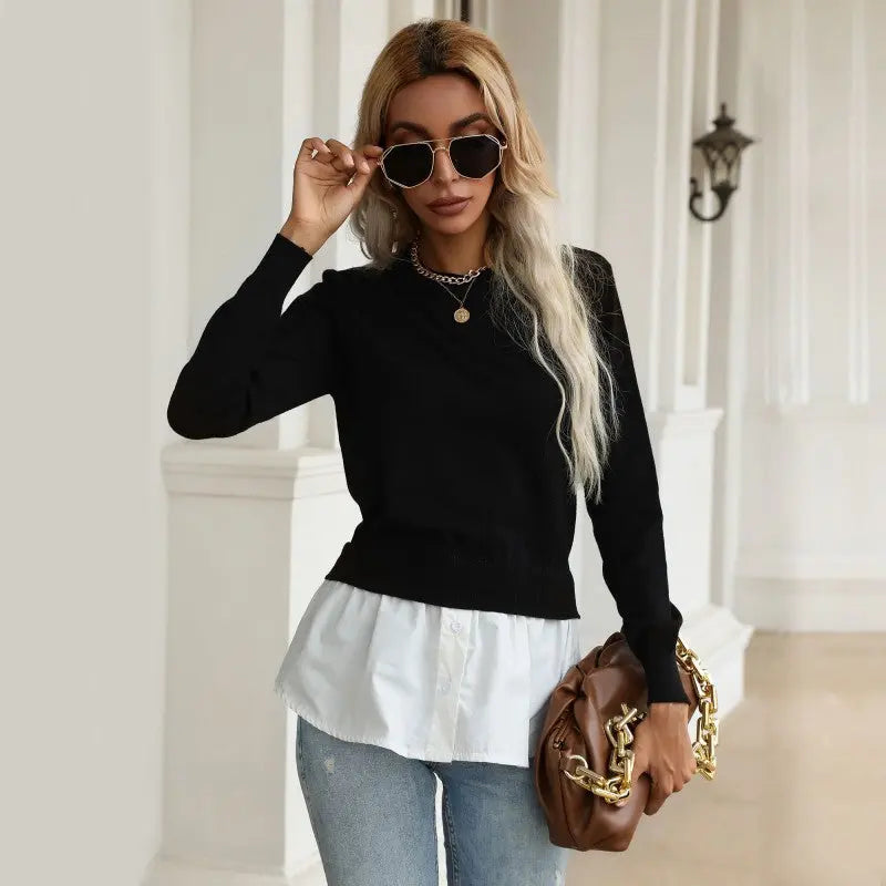 Blue Zone Planet | slim knitted stitching shirt fake two-piece sweater BLUE ZONE PLANET